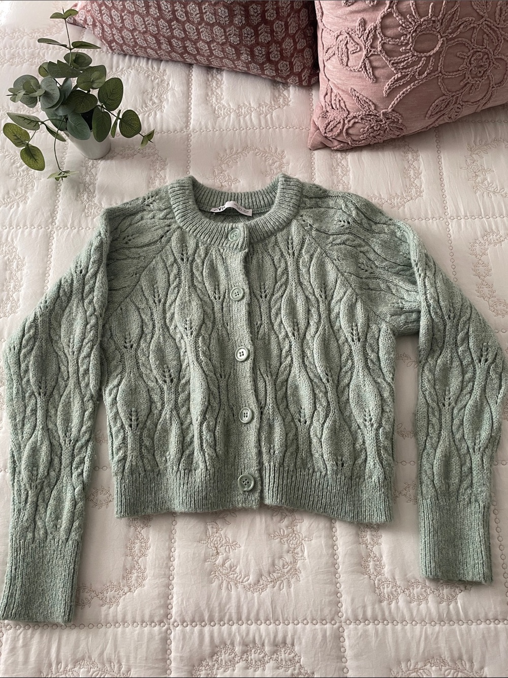 Zara Sage Green Cable Knit Cropped Cardigan
